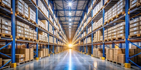 Warehouse Interior Rows of Cardboard Boxes Stacked on Blue Metal Shelves, Inventory Management, Logistics ,warehouse, distribution