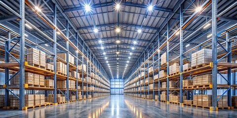 Warehouse Interior - Rows of Storage Shelves with Boxes, Industrial Lighting, Concrete Floor, warehouse, storage