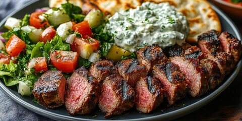 Greek Lamb Souvlaki Plate with Tzatziki, Pita Bread, and Fresh Greek Salad on Black Plate