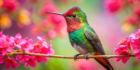 Fototapeta premium Vibrant Hummingbird Perched on Branch with Pink Flowers, Hummingbird , Bird Photography