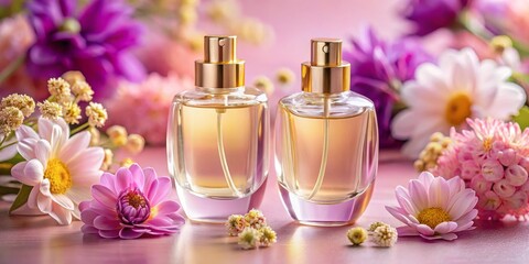 Two Perfume Bottles with Floral Arrangement, Fragrance, Beauty , Perfume