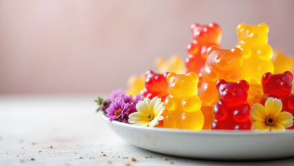 Dye-free gummy bears in a white bowl on a blurred pink surface with flower petals.