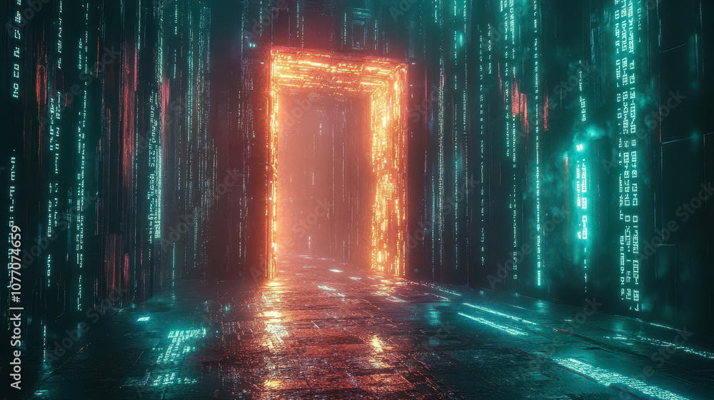 Poster futuristic matrix gateway with flowing binary code in a digital cyber landscape