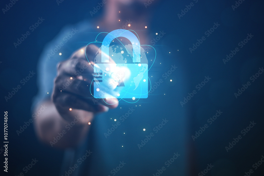 Poster cybersecurity concept business man shows how to protect cyber technology network from attack by hack