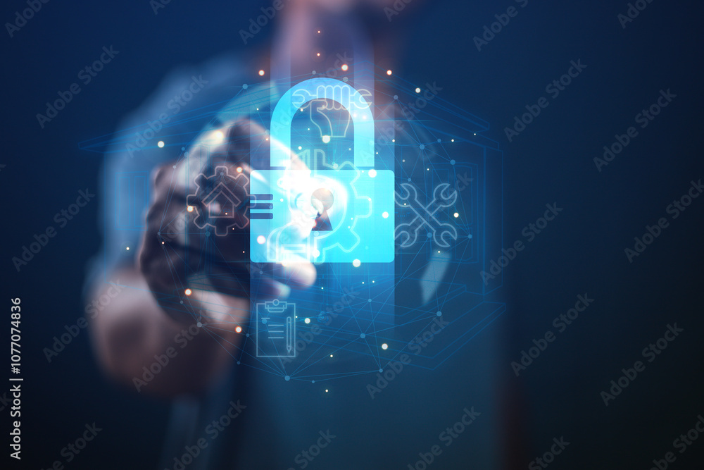Poster cybersecurity concept business man shows how to protect cyber technology network from attack by hack