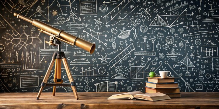 Telescope on Tripod Against Chalkboard of Equations, Astronomy, Science