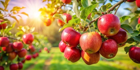 Obraz premium Sunlit Red Apples Hanging from a Branch, Fruit, Orchard ,apple, harvest