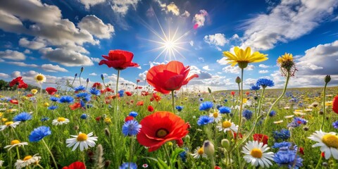Fototapeta premium Sunlight Through a Field of Vibrant Flowers, Wildflowers, Summer