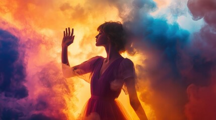 Fototapeta premium A silhouette of a person stands in a dreamlike environment, extending their hand as vibrant swirls of blue and orange clouds envelop the background, evoking a sense of wonder.