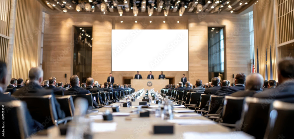 Fototapete A modern conference room setting with attendees seated in rows, looking towards a presentation at the front, featuring a large blank screen.