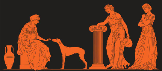 Three ancient Greek women in tunics are talking. A woman is playing with a dog. Figures isolated on black background