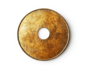 Vintage bronze coin with a round hole in the center, white isolate background