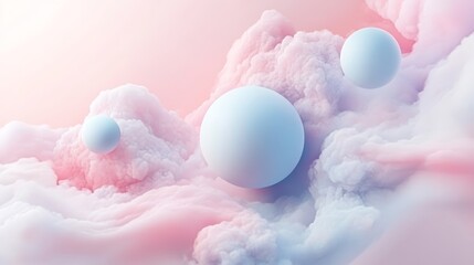Dreamlike abstract 3d render, soft clouds, spheres, and gradient background in a modern digital art composition