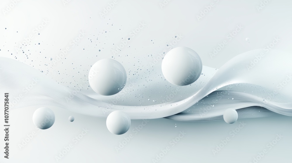 Poster abstract 3d render of flowing white spheres and dynamic waves, a modern minimalist background