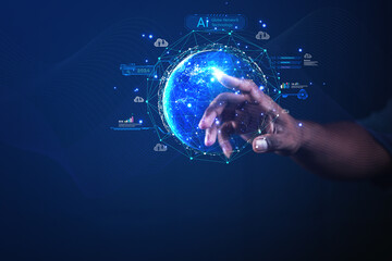 Businessman presenting futuristic business world metaverse graphic. In the form of innovation in...