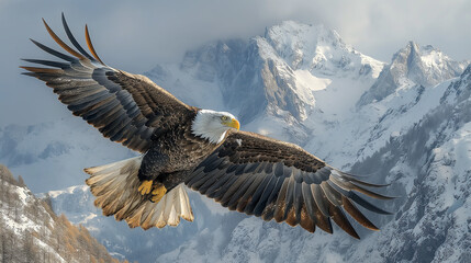 Bald eagle gliding through the sky with mountain backdrop. 