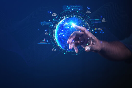 Businessman presenting futuristic business world metaverse graphic. In the form of innovation in digital business processing technology, innovation of the 21st century	