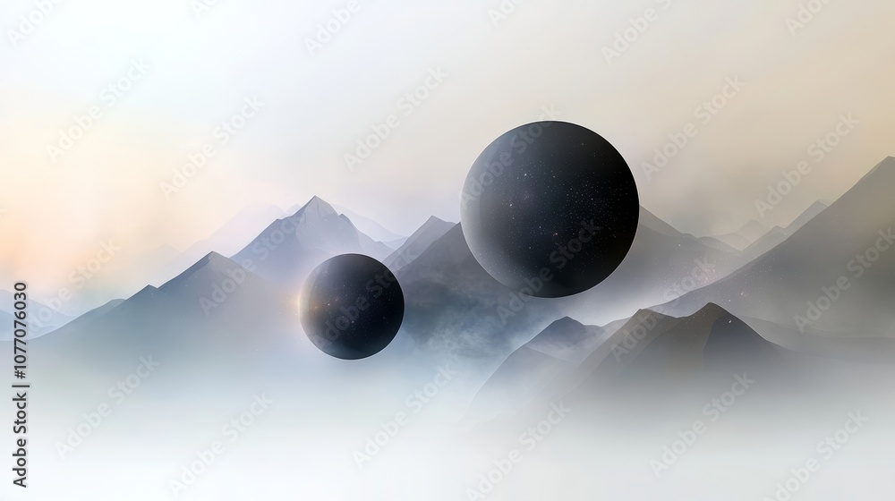 Poster ethereal floating spheres, an abstract composition in space with diverse patterns and modern design 