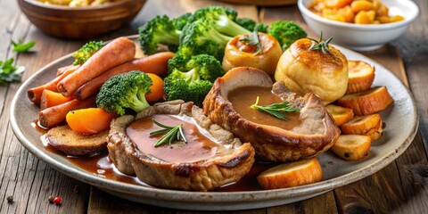 Roast Beef Dinner with Yorkshire Pudding, Potatoes, Broccoli and Gravy, comfort food , sunday dinner