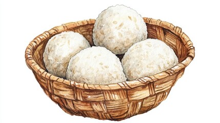 A basket filled with soft rice balls, showcasing a traditional food item.