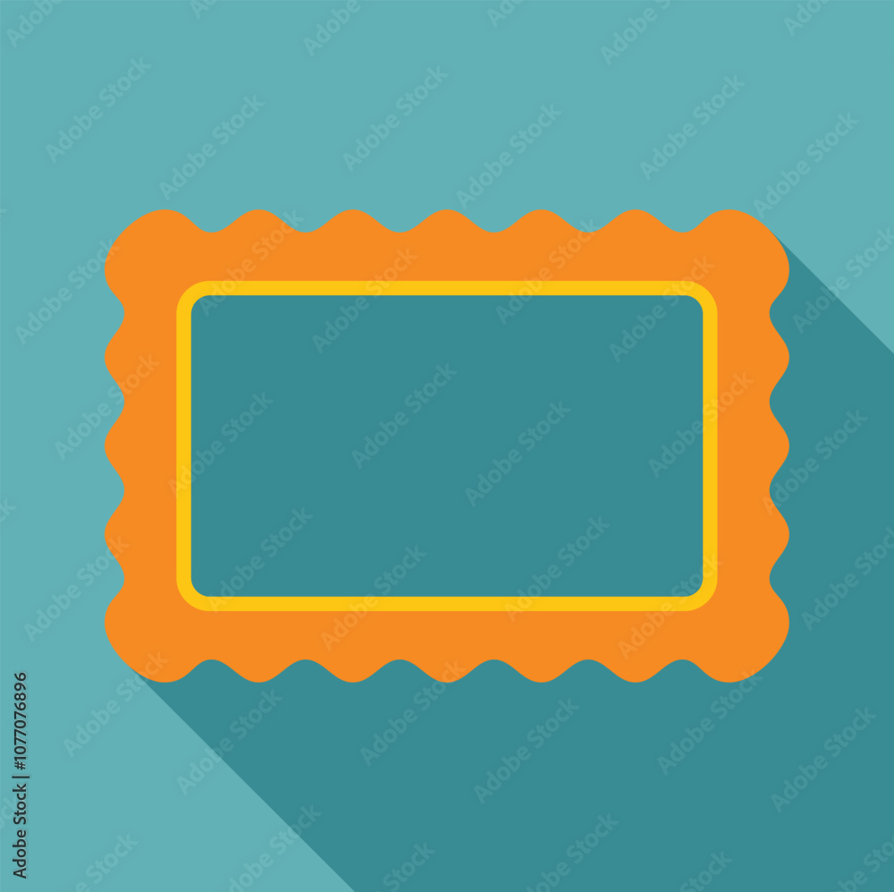 Poster rectangular orange postage stamp with yellow border and wavy edges casting a long shadow on a turquo