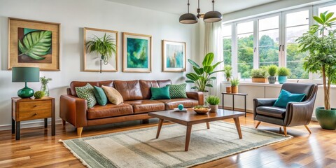 Fototapeta premium Modern Living Room with Leather Sofa, Green Accents, and Natural Light, Interior Design, Home Decor Interior Design, Home Decor