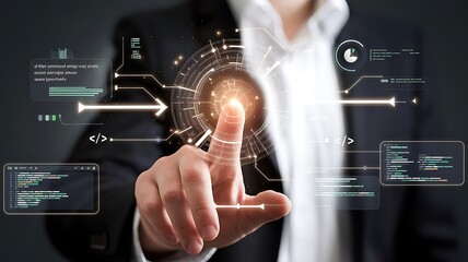Obraz premium businessman pressing virtual button API, application programming interface. cloud computing concept, cloud technology, Saas, Paas, Iaas. AWS Services