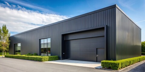 Fototapeta premium Modern Black Warehouse with Rolling Door and Green Hedges, industrial architecture, warehouse design