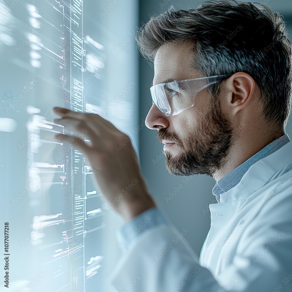 Poster a focused scientist examines digital data on a transparent screen, showcasing modern technology and 