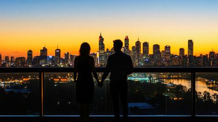 Obraz premium A couple enjoys a sunset view of the city skyline while holding hands from a high vantage point