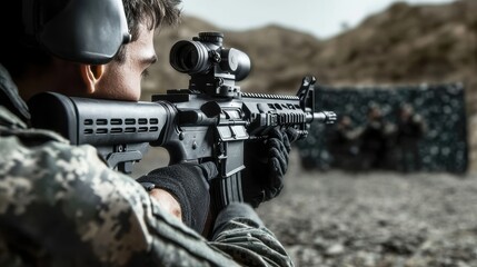 Military soldier aiming rifle during target practice on a range