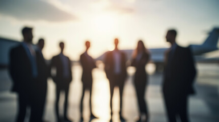 Blurred image of silhouettes of business people at an airport, preparing for a flight on a private jet for a business meeting