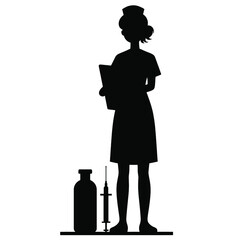 A silhouette of a nurse standing and holding a medicine bottle and an injection syringe