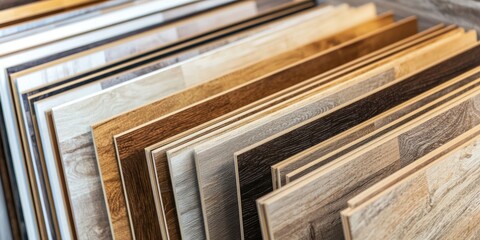 Obraz premium A flooring showroom displaying a variety of wood, laminate, and tile flooring samples in a well-lit, organized space.