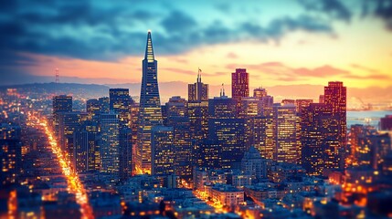 Fototapeta premium City skyline with skyscrapers and sunset.