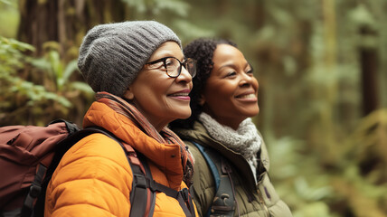 Elderly lesbian black american couple during hiking outdoors, forest environment. Active outdoor activity. Black lesbian woman, couple hiking in forest. Inclusive theme, diversity theme. Acceptance of