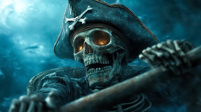 A dramatic depiction of a pirate skeleton with glowing eyes, set against an eerie underwater backdrop, This image can be used for Halloween themes, maritime stories, or pirate-themed events,