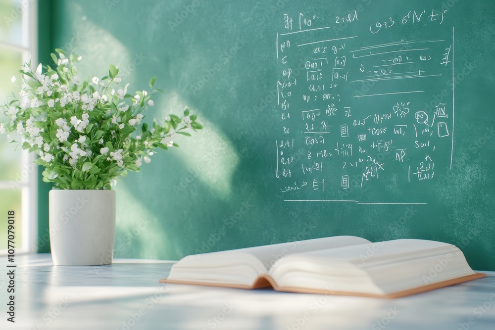 Poster open book on a chalkboard: an open book rests on a white table, bathed in soft sunlight streaming th
