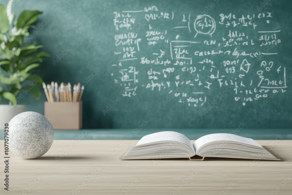 Poster open book on classroom desk: a book rests open on a wooden desk, inviting the viewer to learn and ex