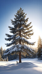 Obraz premium Snowy pine forest with tall trees reaching up to the sky