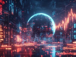 A digital representation of the Earth surrounded by data visuals and graphs in a futuristic financial setting at night