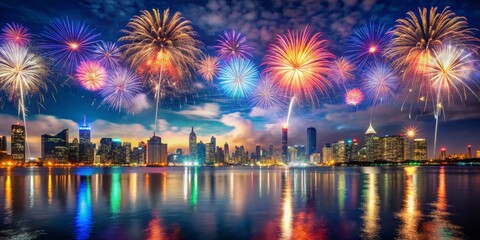 Fototapeta premium City Skyline Fireworks Reflection, cityscape, night sky
