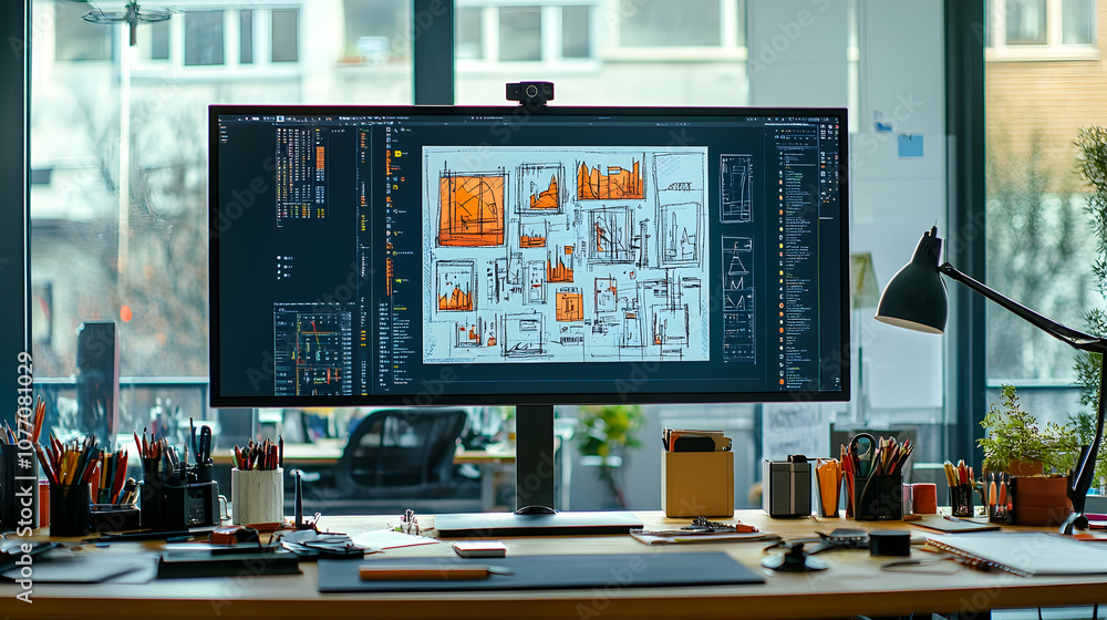 Fototapete modern workspace with large monitor displaying web design mockup.