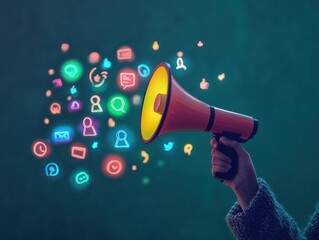 A hand holding a megaphone with glowing social media icons and people symbols on a dark green background, concept of marketing or advertising a social network service.