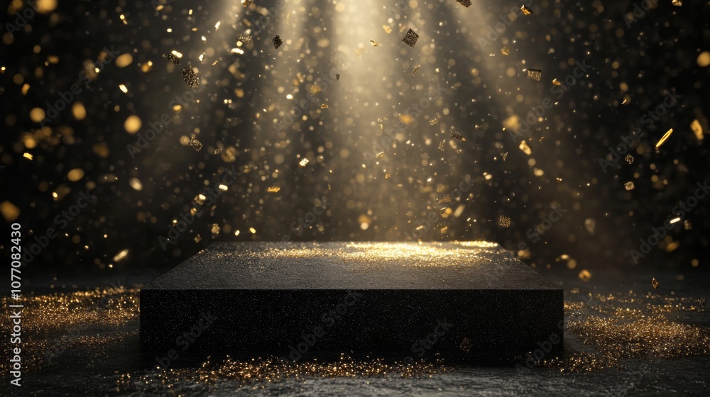 Poster a dark, textured pedestal sits illuminated by rays of light, creating an ethereal atmosphere. golden