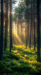 Obraz premium Sunbeams illuminate a path through a misty forest, with tall pine trees lining the way, creating a sense of serenity and mystery.