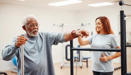 A senior man participates in a guided physical therapy session, focusing on strength training with assistance in a well lit rehabilitation center