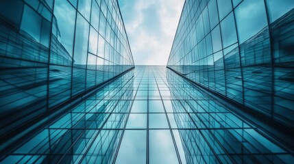 Obraz premium Symmetrical Glass Facades in Modern Architecture, showcasing sleek lines, reflective surfaces, innovative design principles, urban elegance, contemporary aesthetics