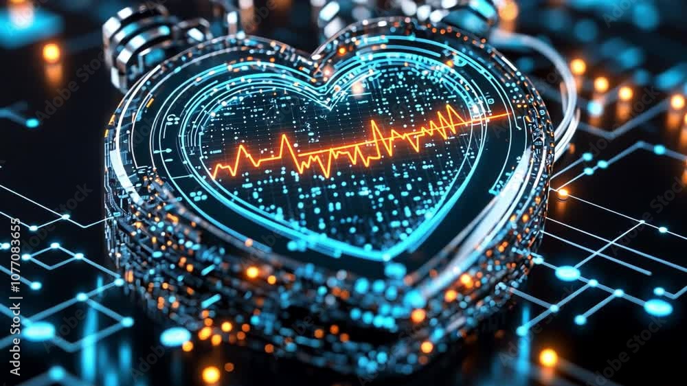 Poster heart-shaped digital display with health data projections illuminated in a tech environment
