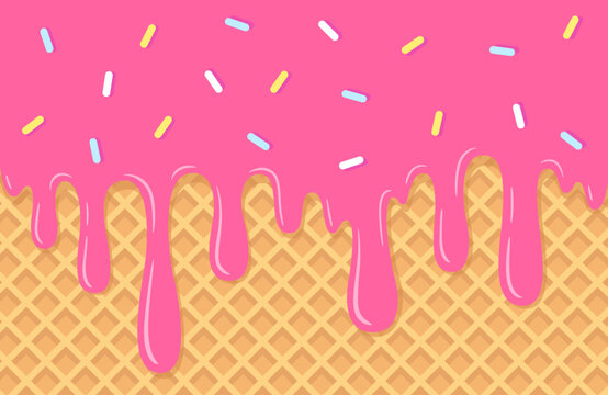 Melting ice cream with colorful candy sprinkles on wafer background. Waffle cone with dripping pink dessert texture. Sweet strawberry ice cream boarder. Vector illustration.